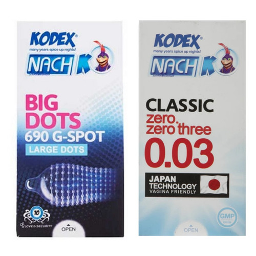 کاندوم کلاسیک ناچ کدکس مدل 0.03 بسته 10 عددی به همراه کاندوم خاردار ناچ کدکس مدل BIG DOTS بسته 10 عددی