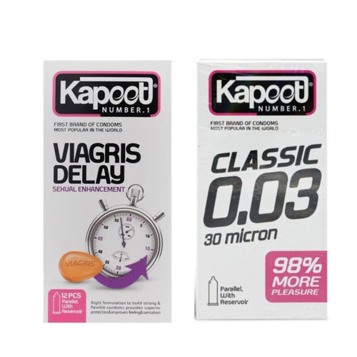 کاندوم کلاسیک کاپوت مدل 0.03 بسته 10 عددی به همراه کاندوم تاخیری کاپوت مدل VIAGRIS DELAY بسته 12 عددی