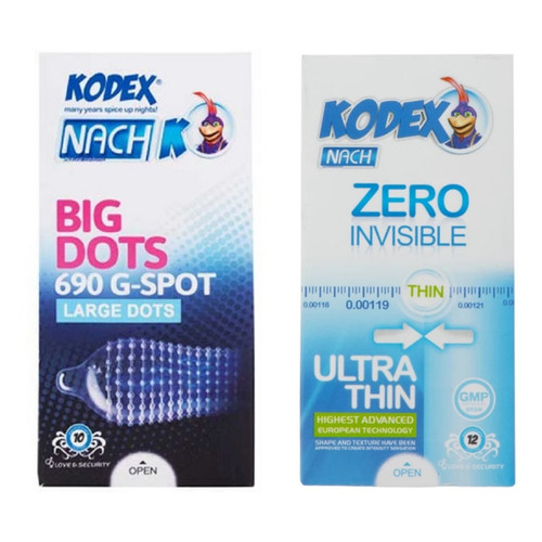 کاندوم خاردار ناچ کدکس مدل بیگ دات بسته 10 عددی به همراه کاندوم کلاسیک ناچ کدکس مدل ZERO INVISIBLE بسته 12 عددی