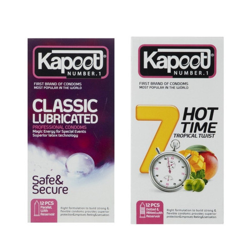 کاندوم کلاسیک کاپوت مدل LUBRICATED بسته 12 عددی به همراه کاندوم خاردار کاپوت مدل 7HOT TIME بسته 12 عددی