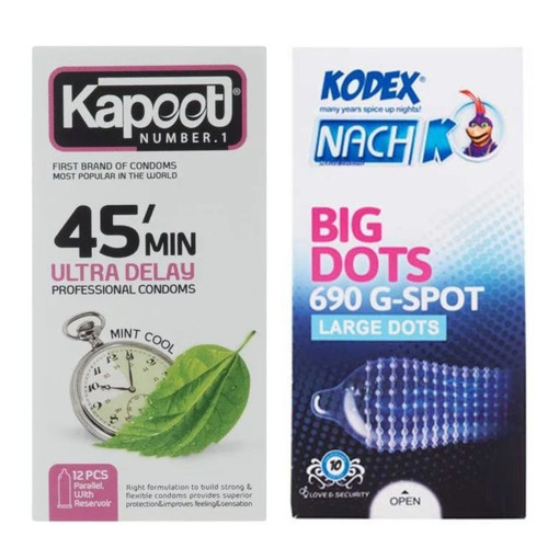 کاندوم ناچ کدکس مدل بیگ دات بسته 10 عددی به همراه کاندوم تاخیری کاپوت مدل 45 دقیقه بسته 12 عددی