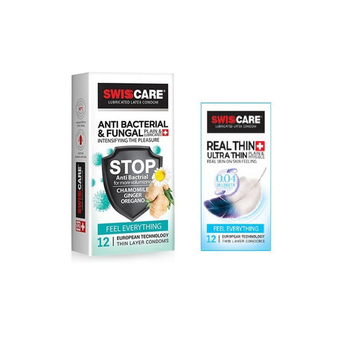 کاندوم سوئیس کر مدل ANTI BACTERIAL بسته 12 عددی به همراه کاندوم سوئیس کر مدل REAL THIN بسته 12 عددی