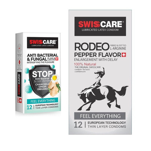 کاندوم سوئیس کر مدل ANTI BACTERIAL بسته 12 عددی به همراه کاندوم سوئیس کر مدل RODEO بسته 12 عددی