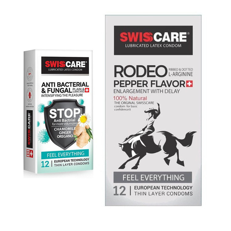 کاندوم سوئیس کر مدل ANTI BACTERIAL بسته 12 عددی به همراه کاندوم سوئیس کر مدل RODEO بسته 12 عددی