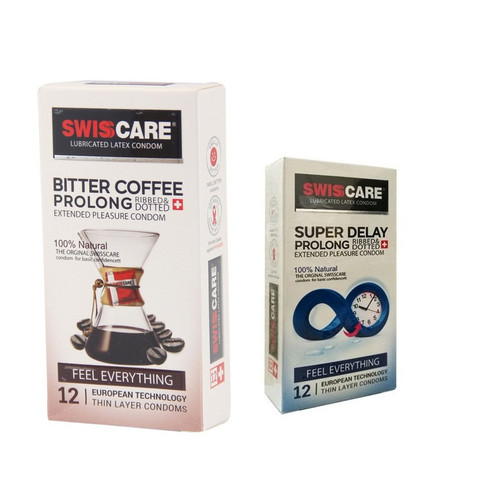 کاندوم سوئیسکر مدل Coffee Prolong بسته 12 عددی به همراه کاندوم سوئیس کر مدل SUPER DELAY بسته 12 عددی