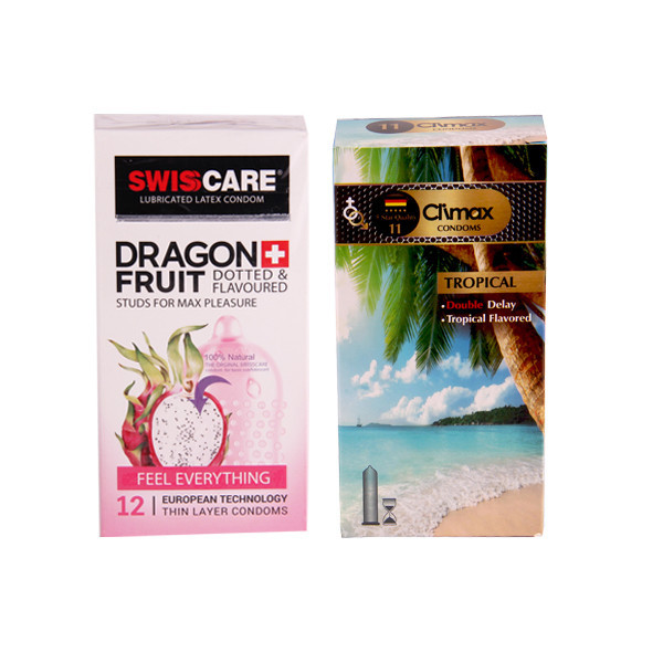 کاندوم سوئیس کر مدل DRAGON FRUIT بسته 12 عددی به همراه کاندوم کلایمکس مدل TROPICAL بسته 12 عددی