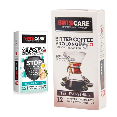کاندوم سوئیس کر مدل ANTI BACTERIAL بسته 12 عددی به همراه کاندوم سوئیسکر مدل Coffee Prolong بسته 12 عددی