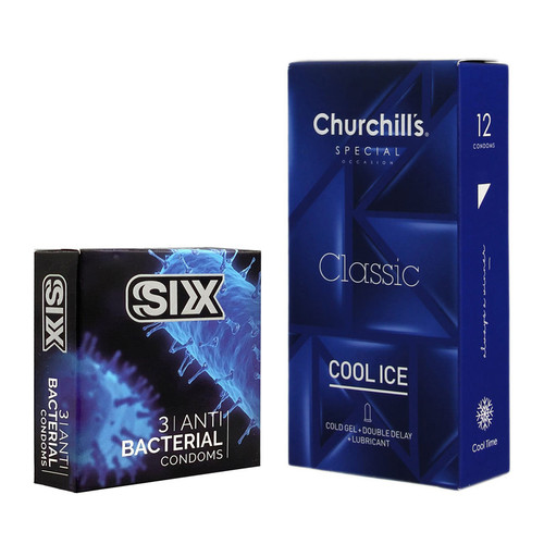 کاندوم چرچیلز مدل Cool Ice بسته 12 عددی به همراه کاندوم سیکس مدل آنتی باکتریال بسته 3 عددی