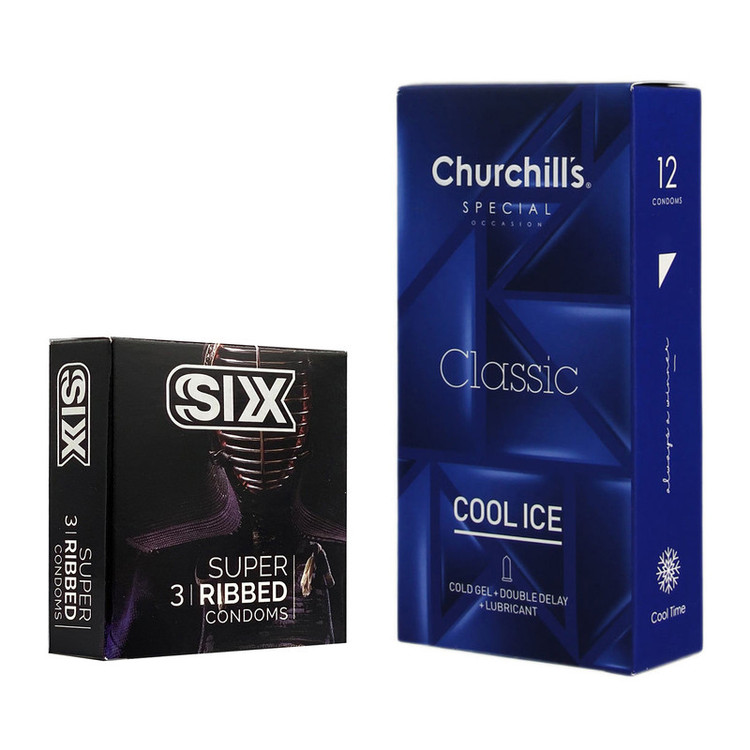 کاندوم چرچیلز مدل Cool Ice بسته 12 عددی به همراه کاندوم سیکس مدل شیاردار بسته 3 عددی