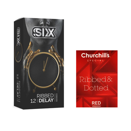 کاندوم سیکس مدل Ribbed Delay بسته 12 عددی به همراه کاندوم چرچیلز مدل Hot Gel بسته 3 عددی
