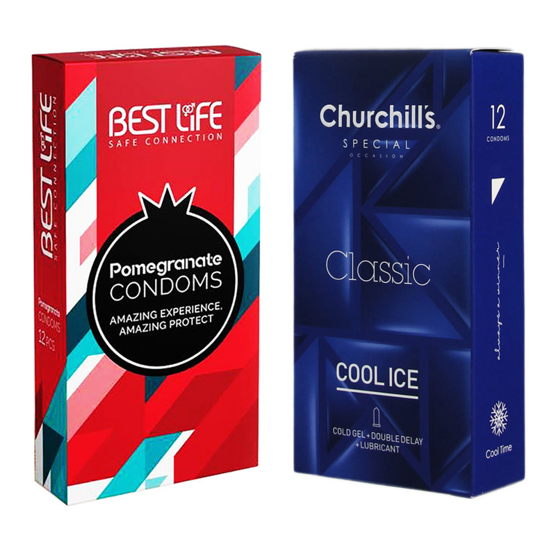 کاندوم چرچیلز مدل Cool Ice بسته 12 عددی به همراه کاندوم بست لایف مدل Pomegranate بسته 12 عددی