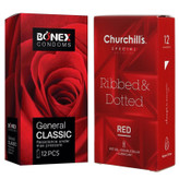 کاندوم چرچیلز مدل Ribbed & Dotted Red بسته 12 عددی به همراه کاندوم بونکس مدل General Classic بسته 12 عددی