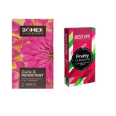 کاندوم بونکس مدل Safe & Resistant بسته 12 عددیبه همراه کاندوم بست لایف مدل Fruity بسته 12 عددی