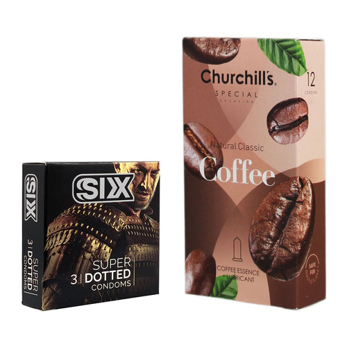 کاندوم چرچیلز مدل Coffee بسته 12 عددی به همراه کاندوم سیکس مدل خاردار بسته 3 عددی