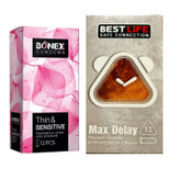 کاندوم بونکس مدل Thin & Sensitive بسته 12 عددی به همراه کاندوم کاندوم بست لایف مدل Max Delay بسته 12 عددی