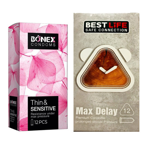 کاندوم بونکس مدل Thin & Sensitive بسته 12 عددی به همراه کاندوم کاندوم بست لایف مدل Max Delay بسته 12 عددی
