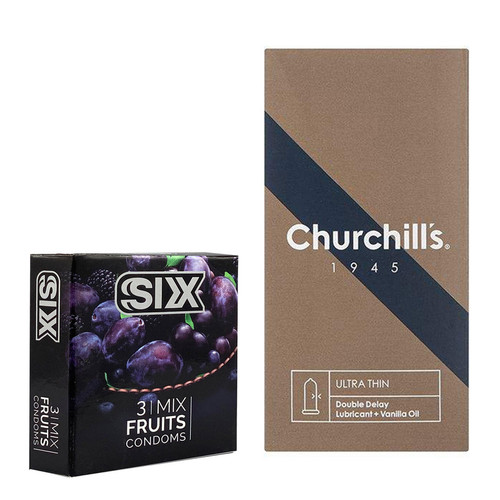 کاندوم چرچیلز مدل Ultra Thin Double Delay بسته 12 عددی به همراه کاندوم سیکس مدل میوه ای بسته 3 عددی
