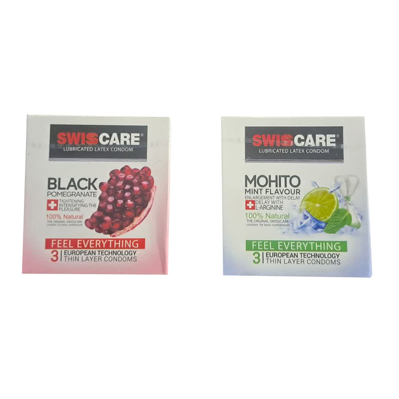 کاندوم سوئیس کر کد BLACK POMEGRANATE بسته 3 عددی به همراه کاندوم سوئیس کر کد Mohito  بسته 3 عددی